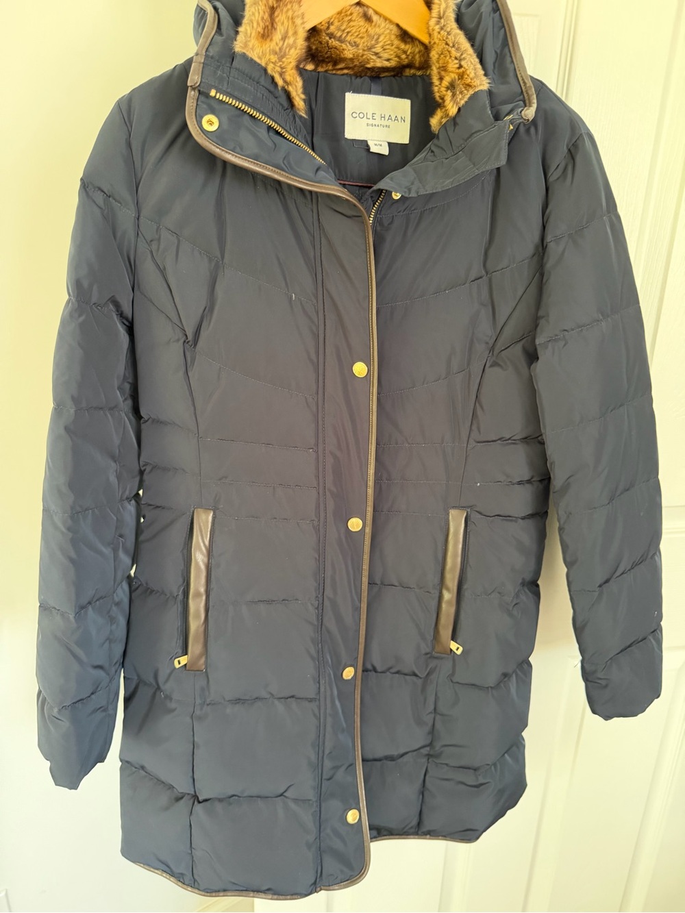 Cole Haan Navy Quilted Puffer Coat with Faux Fur-Lined Hood